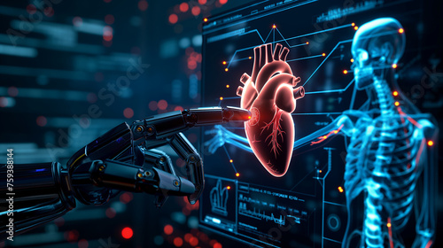 Vector. The index finger of the robot touches the human heart. Concept. Medical healthcare with AI technology. Organ x-ray examination and virtual holographic scan.