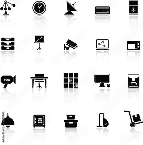 General office icons with reflect on white background, stock vector photo