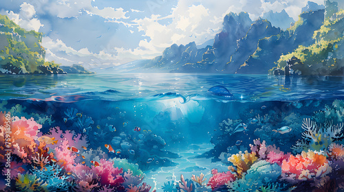 Captivating Half Underwater Seascape and Sky with Landscape in Watercolor Painting, Beauty of Coral, Marine Life, Explore the Connection of Sea and land, Nature Enthusiasts and Artistic Decoration. © Korakrich