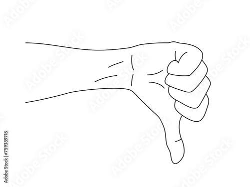 Thumbs down hand sign gesture isolated in editable  line drawing.
