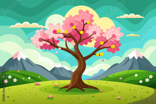 A picturesque spring backdrop features a vibrant tree bursting with verdant foliage.