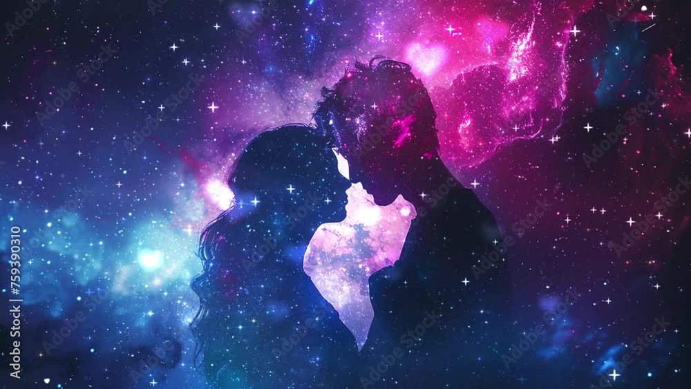 romance couple with space cosmic illustration. an ethereal display unfolds as a man and a woman. seamless looping overlay 4k virtual video animation background