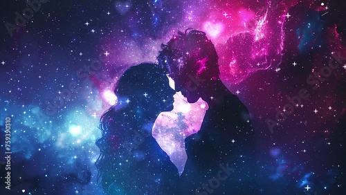 romance couple with space cosmic illustration. an ethereal display unfolds as a man and a woman. seamless looping overlay 4k virtual video animation background photo
