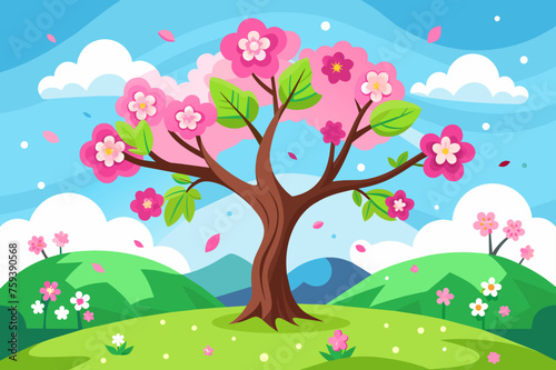 A picturesque spring backdrop features a vibrant tree bursting with verdant foliage.