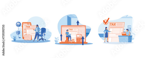 Taxation planning. A man is completing an online declaration form using a laptop. Someone is doing tax financial advice. Set flat vector modern illustration