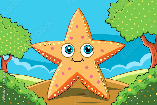 A starfish adorns a serene background of verdant trees, evoking a sense of tranquility.