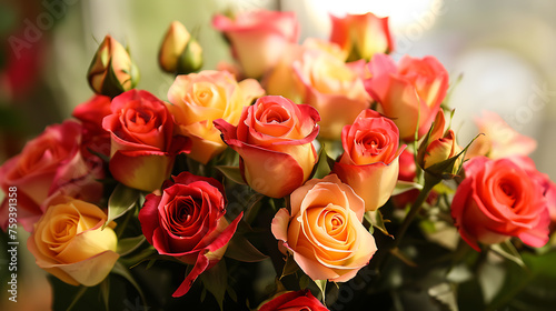 Bouquet of beautiful roses on blurred background, closeup view