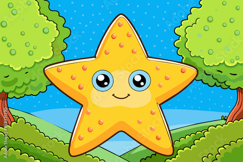 A starfish adorns a serene background of verdant trees, evoking a sense of tranquility.