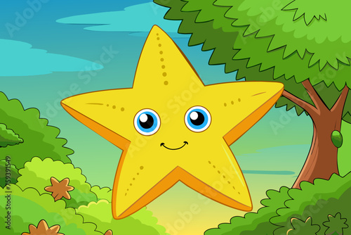 An adorable starfish looks on against a painted backdrop of a tree on a tropical island.