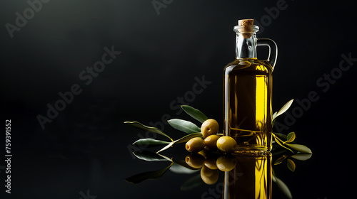 Extra virgin olive oil in a glass bottle with olives on a black background