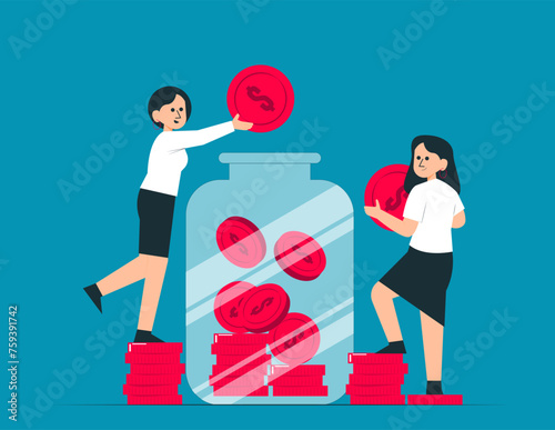 Person inserting cash into glass jar. Investment banking concept