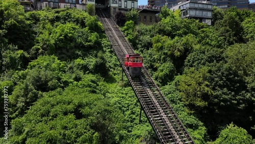 PITTSBURGH - 1.22.2024 - Excellent aerial footage following a funicular car uphill to the station of the Duquesne Incline in Pittsburgh, Pennsylvania. photo