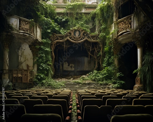 A haunting scene of a dilapidated movie theater being overtaken by vines and mossgraphic design