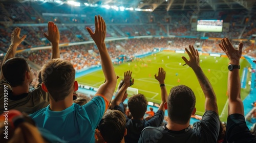 Passionate fans raise their hands in unison, cheering on their sport team with unwavering support. Olympic games