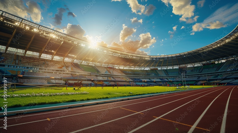 An empty running track stretches across the outdoor stadium, in the sunlight of a sunny day. An empty running track stretches across the outdoor stadium, in the sunlight of a sunny day.