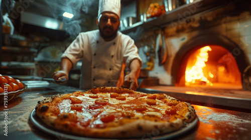 Pizzaiolo with pizza in front of a blazing oven