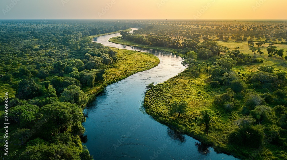 Forest with river seen from above with a sunset.