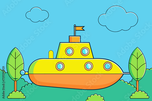A magnificent submarine emerges from the depths with lush underwater growth forming a vibrant tree-like canopy around it.
