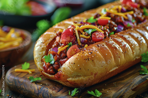 Tasty Sloppy Joe Close-Up on Wooden Tray Gen AI photo