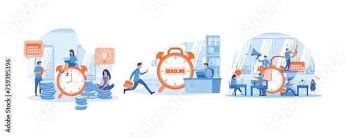 Office Deadline concept. Businessman running in hurry to chase deadline time while carrying paperwork. Stressed employees working overtime. Set flat vector modern illustration