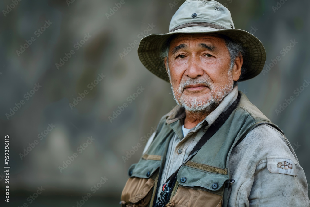 a fisherman wearing a hat and a vest with many pockets