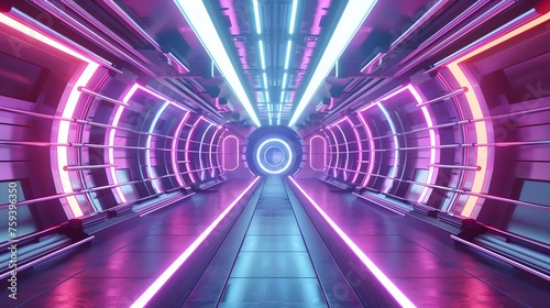 Futuristic Neon Tunnel: High-Res 3D Rendering with Dynamic Lighting and Metallic Beams