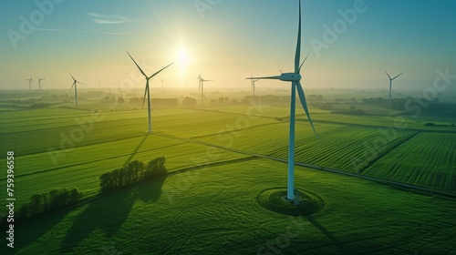 Sunrise Over Green Wind Turbine Field photo