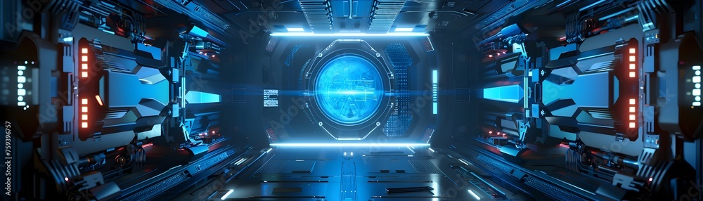 Obraz premium Futuristic Spaceship Holographic Interface: Intricate Sci-Fi Design and Blue Illumination