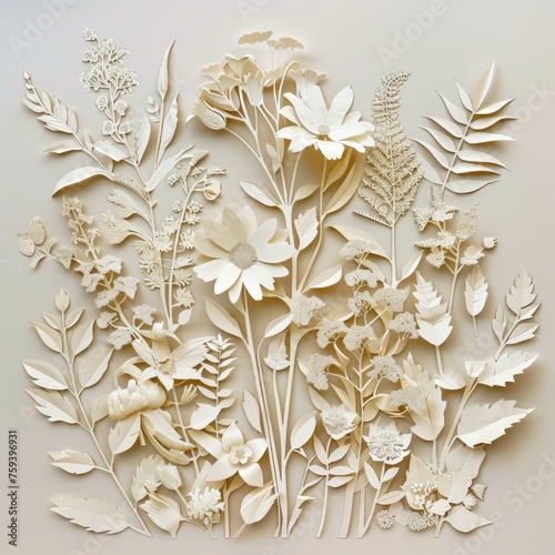 A detailed paper cut botanical study featuring various species of flowers and leaves © AI Farm