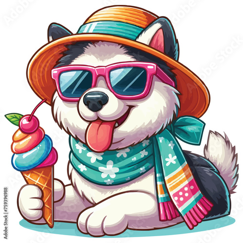 Summer cartoon Eskimo Dog with hat and sunglass