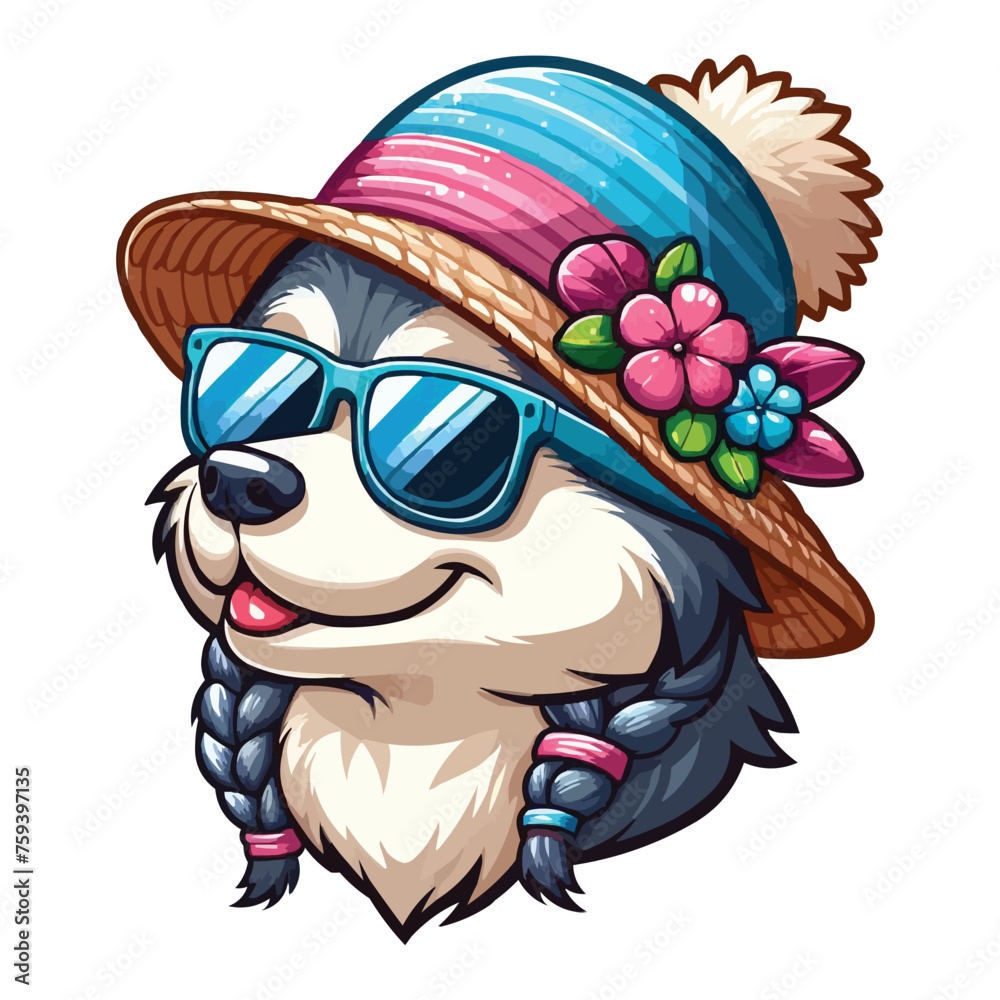 Obraz premium Summer cartoon Eskimo Dog with hat and sunglass