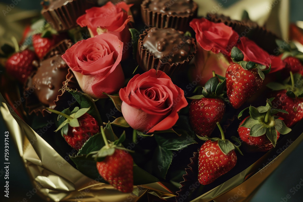 a bouquet of roses and strawberries wrapped in chocolate foil a bouquet of roses and strawberries wrapped in chocolate foil