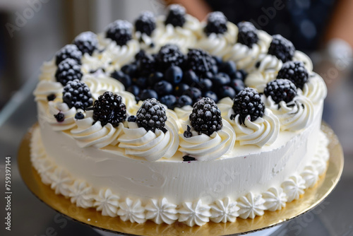 a benta cake with whipped cream and blueberries on top photo