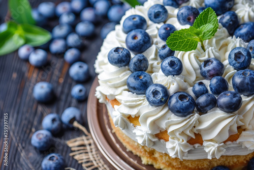 a benta cake with whipped cream and blueberries on top