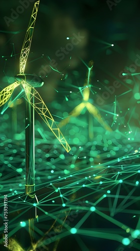 Innovative Energy Storage: Wind Turbine with Data Network Connections in a Green Themed Digital Landscape