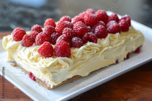 a benta cake with lemon frosting and raspberries on top photo