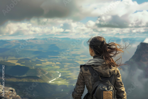 A beautiful 20-year-old girl standing on a mountain peak, her hair blowing in the wind, looking out at the breathtaking view of the valley below.