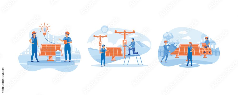 Solar energy panel installation. Solar Energy Installation. Alternative energy resource with solar panels. Set flat vector modern illustration