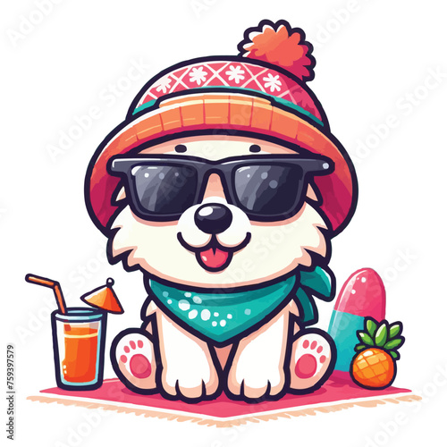 Summer cartoon Eskimo Dog with hat and sunglass