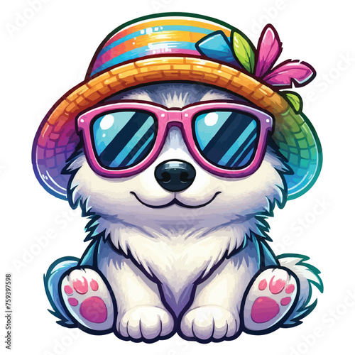 Summer cartoon Eskimo Dog with hat and sunglass