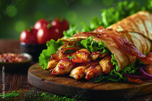 Delicious Caesar Salad Wrap on Wooden Tray Macro Close-up Gen AI photo