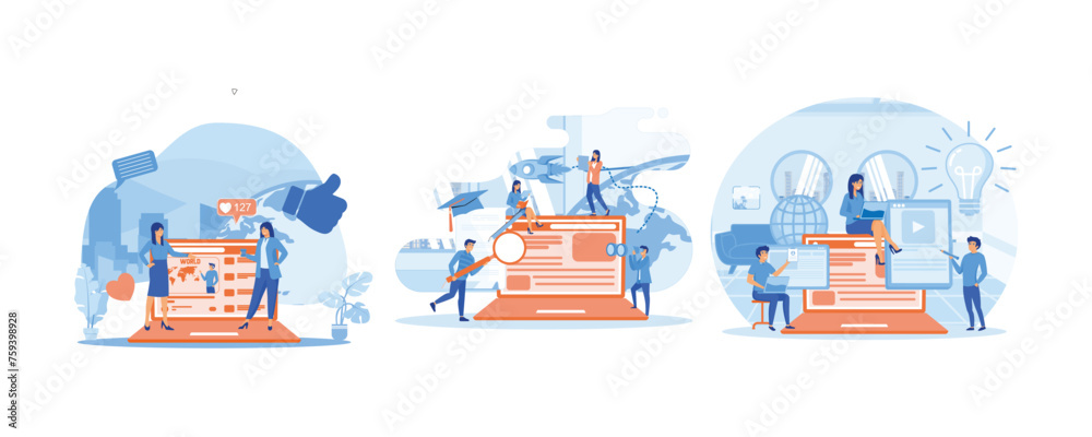 Live Video Streaming Channel Launch Concept. Planning Landing Page. Blog authors writing articles. Set flat vector modern illustration