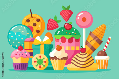 Sweets background of colorful candy  chocolate bars  and cupcakes for a festive treat.