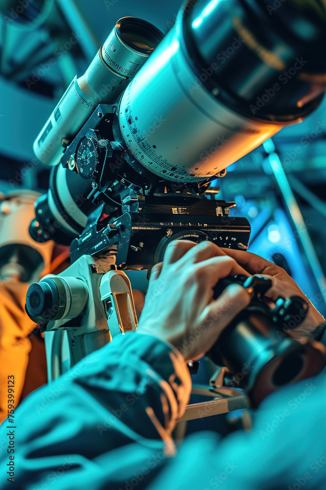 Close-up of hands adjusting telescope settings for observation. Close-up of hands adjusting telescope settings for observation.