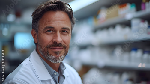 Close-up profile picture of a male pharmacist - pharmacy - medicine - filling subscriptions - smiling and confident 
