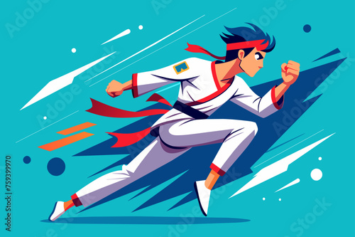 Background of a taekwondo match with two athletes in action.