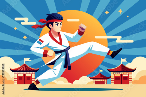 Background of a taekwondo match with two athletes in action.