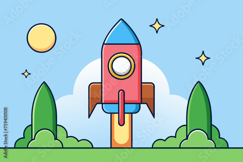 A technology rocket blasts off into space, leaving behind a trail of smoke and flames against a backdrop of lush trees.
