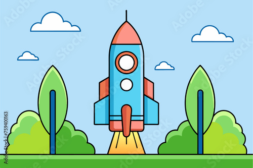 A technology rocket blasts off into space, leaving behind a trail of smoke and flames against a backdrop of lush trees.