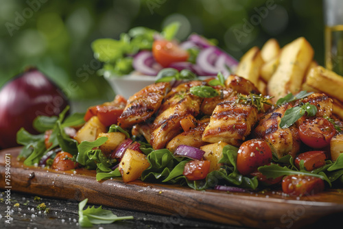 Close-Up Macro Photography of Delicious Chicken Caesar Salad on Wooden Tray Gen AI photo